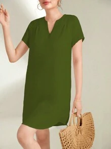 SHEIN LUNE Vestido Recto Con Cuello En V Y Muescas Para Mujer - Verde militar - Ver 3