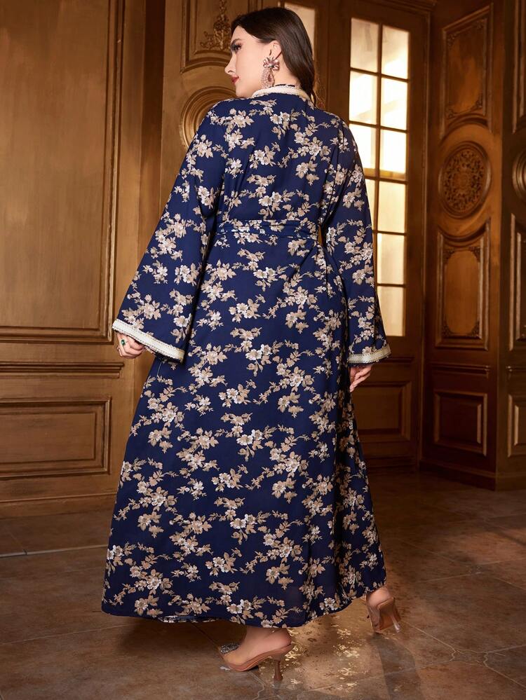 Plus Size Color Block Tape Decorated Floral Print Bell Sleeve Jalabiya Dress With Belt, Elegant Luxury Evening Party Style
