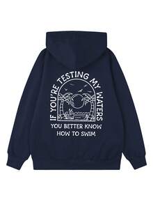 Women's Coconut Tree & Slogan Printed Thermal Lined Hoodie Sweatshirt, Fashionable & Warm For Casual Resort Style, Autumn/Winter: Explore Our Women's Hoodie Collection Featuring And Stylish Designs To Make You Look Great - Navy Blue - View 2