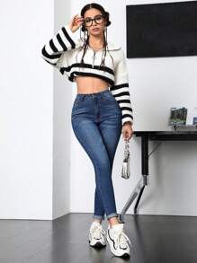 SHEIN Frenchy 女式修身牛仔褲 - 深色水洗藍 - 查看 1