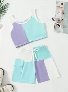 SHEIN Young Girl Casual Sleeveless Top & Shorts Set With Color Block Design - Multicolor - View 1