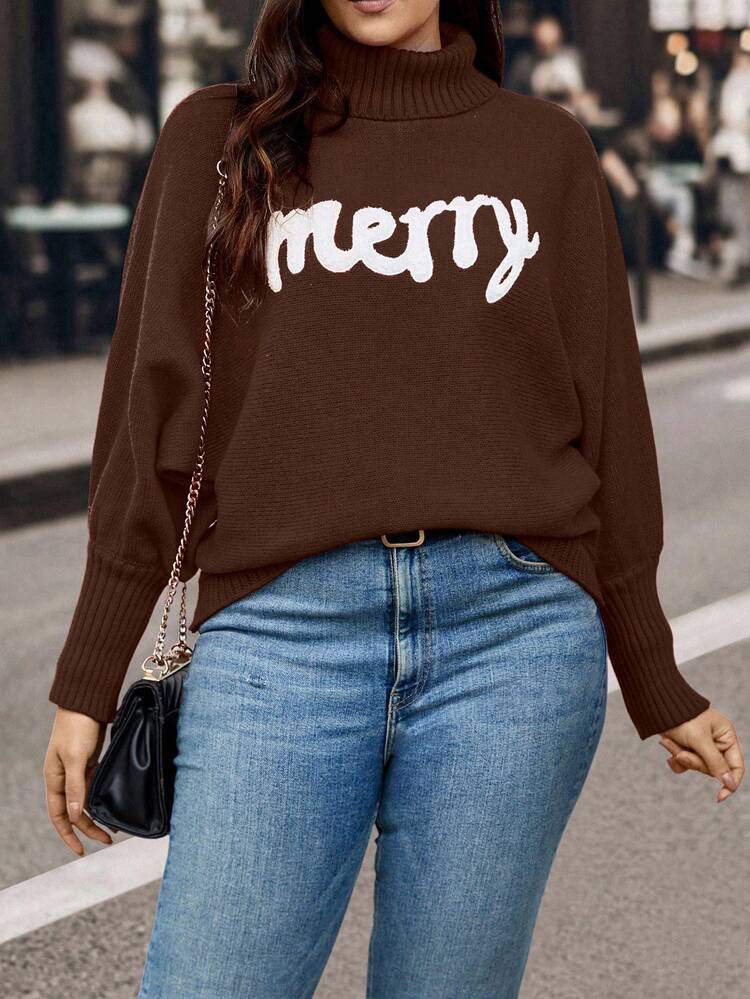 Plus Size Women's Turtleneck Pullover Sweater With Letter Pattern Knit Pullover Fall Winter