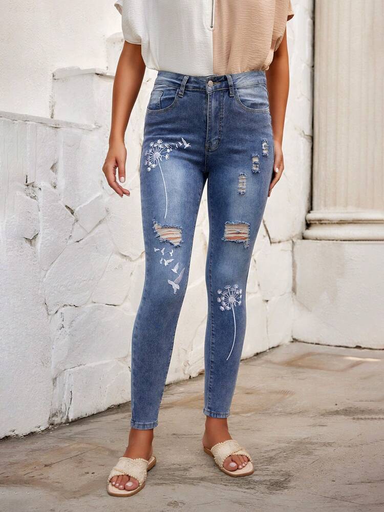 Women'S Dandelion Embroidery Ripped Skinny Jeans
