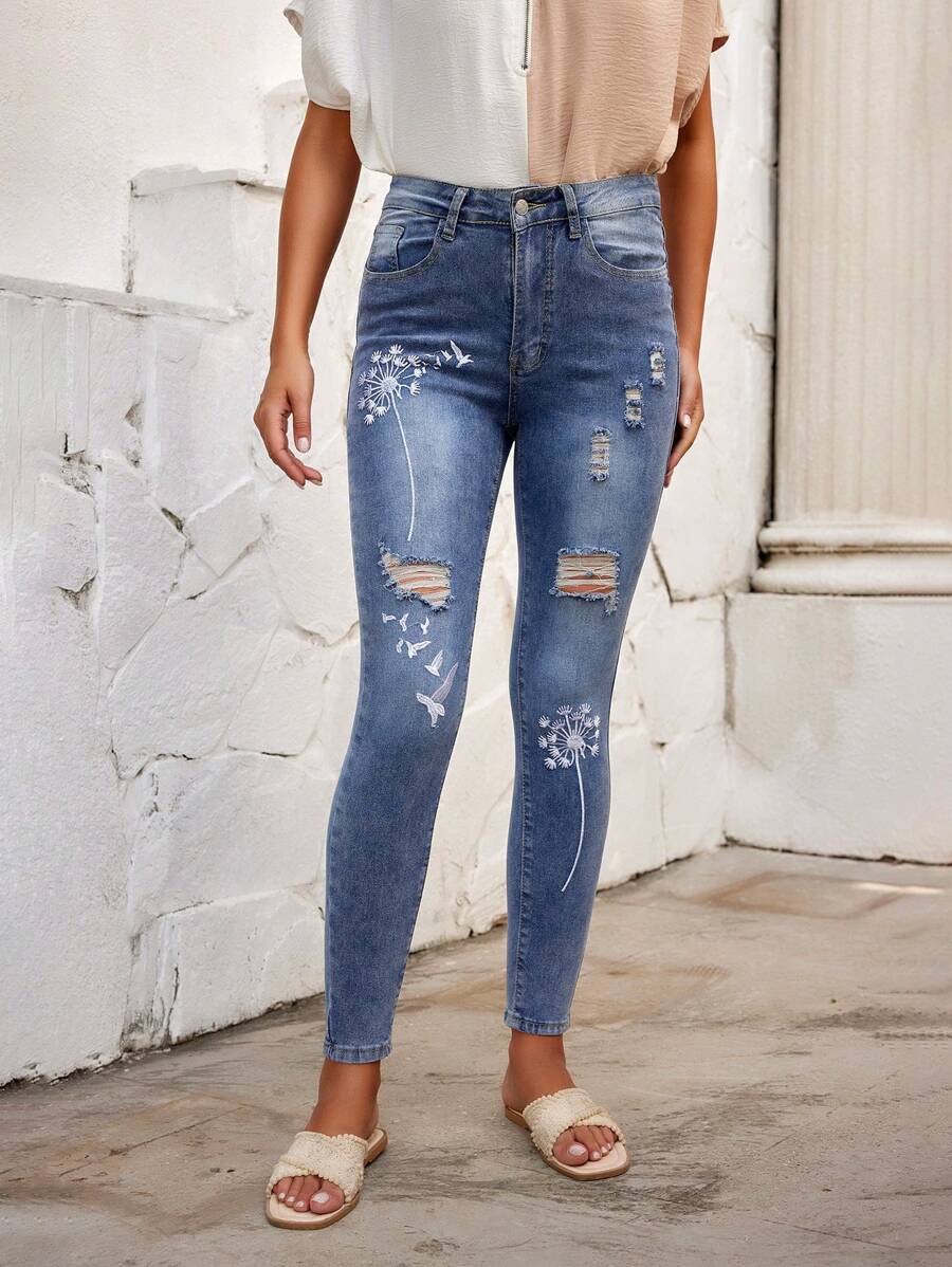 SHEIN LUNE Jeans Pitillo Destruidos Con Bordado De Diente De León Para Mujer - Azul - Ver 1