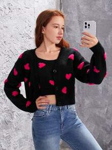 Suéter Con Patrón De Corazón Para Niñas Adolescentes, Cárdigan Y Chaleco, 2 Unidades/juego