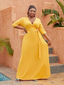 Astrid Plus Size Solid Color Wrap With Belt Midi Dress - Yellow - View 3