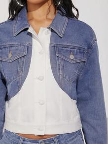 SHEIN Unity Giacca Di Jeans Corta Con Tasca A Soffietto E Blocchi Di Colore - Lavaggio chiaro - Visualizzare 3