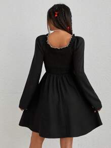 SHEIN MOD 女士拼色连衣裙，配网眼下摆和蝴蝶结装饰 - 黑色 - 查看 2