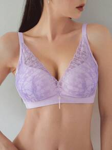 FRIFUL Women'S Mesh Joint Wireless Bra Wireless - Purple - View 11