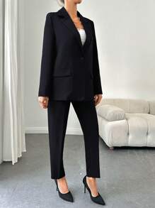 EURMUSE Fake Pocket Single Breasted Suit - Navy Blue - View 3