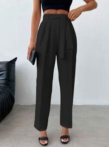 SHEIN Cottnline High Waist Fold Pleated Detail Pants - Black - View 4