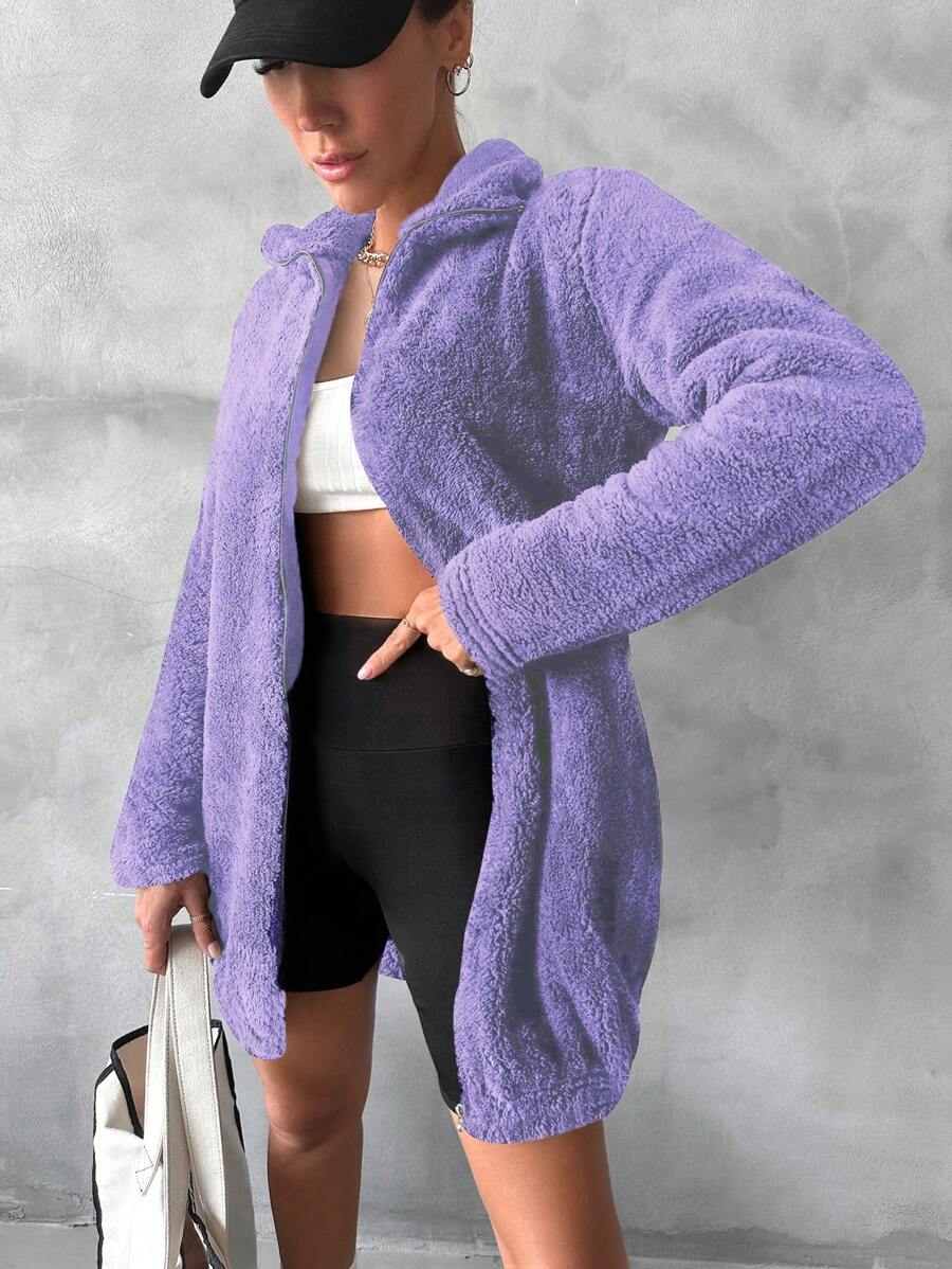 SHEIN Cottnline Chaqueta De Forro Polar Teddy Con Cremallera - Morado - Ver 1