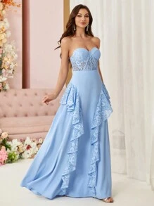 SHEIN Belle , Bustier-Phong Cách , Gợi cảm Nhìn xuyên qua , Arc Khe Đầm dạ hội - Màu xanh lam - Xem 4