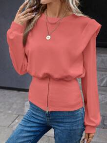 SHEIN LUNE Của phụ nữ Dây kéo Viền chia cắt Áo nỉ - Màu Hồng  San hô - Xem 5