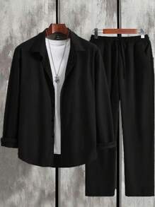 Manfinity Homme Bộ đồ thường ngày áo sơ mi trơn màu và quần dài cho nam, trang phục mùa thu - màu đen - Xem 4