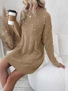 SHEIN Clasi 時尚女款落肩長袖珍珠綴飾毛衣洋裝 - 駝色 - 查看 1