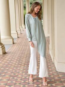 Anewsta Women'S Solid Color Shirt With Asymmetrical Neckline And Hem - Green - View 5