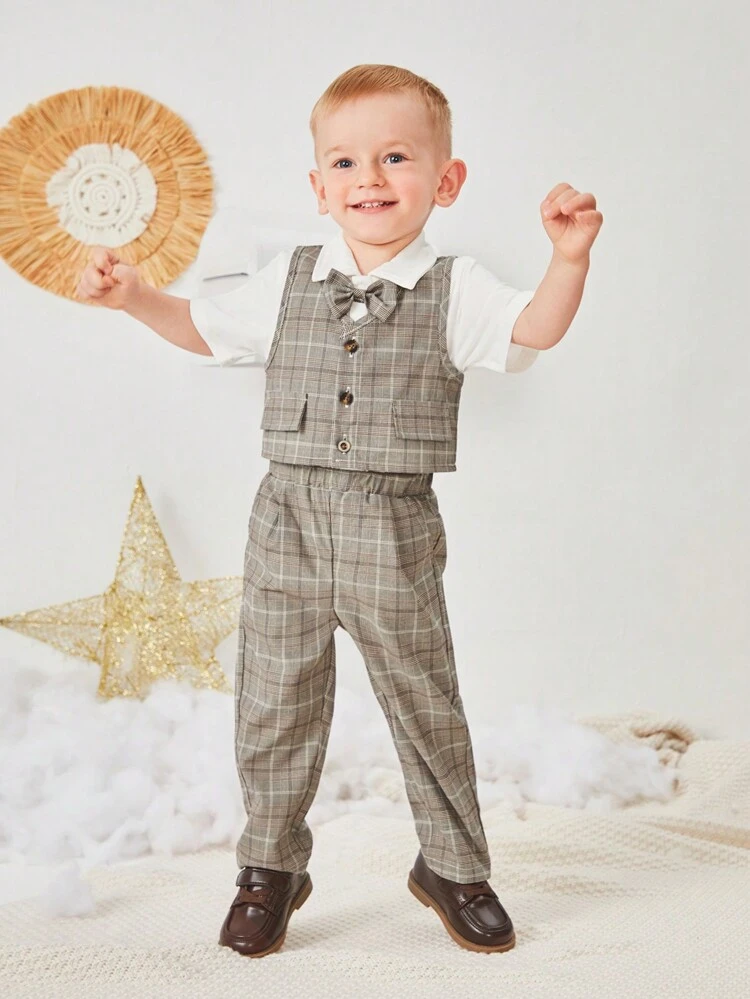 Baby Boys' Plaid Vest With Bowtie Short Sleeve Shirt And Pants Set