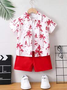 SHEIN Young Boy Tropical Plants Printed Short Sleeve Shirt And Shorts Set