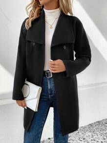 SHEIN Frenchy 纯色瀑布领大衣 - 黑色 - 查看 5