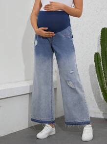 SHEIN 漸進式破洞細節可調式腰圍孕婦牛仔褲 - 中等水洗藍 - 查看 1