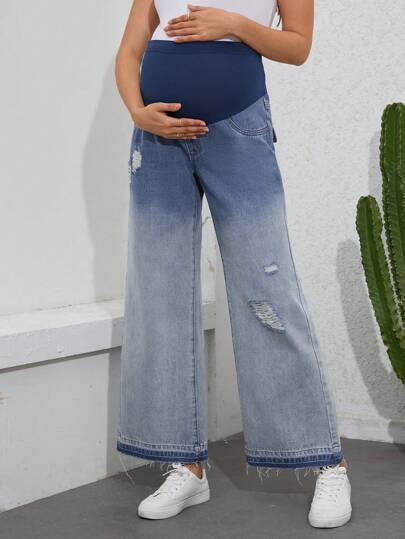 SHEIN 漸進式破洞細節可調式腰圍孕婦牛仔褲