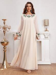 Blumenstickerei Glockenärmel extra langes Kleid