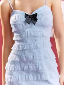 Enchnt Bow Decorated Multi-layer Lace & Ruffle Trimmed Cami Dress - Blue - View 5
