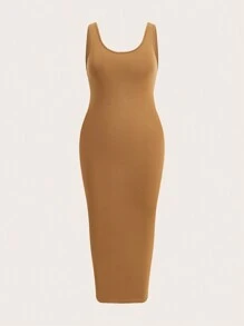 SHEIN BASICS 大尺碼純色無袖針織緊身連衣裙 - 黃色 - 查看 1