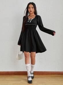 SHEIN MOD 女士拼色连衣裙，配网眼下摆和蝴蝶结装饰 - 黑色 - 查看 6