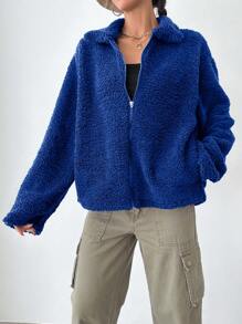 Cloudara Women's Solid Color Plush Zip Front Jacket - Teal Blue - View 4