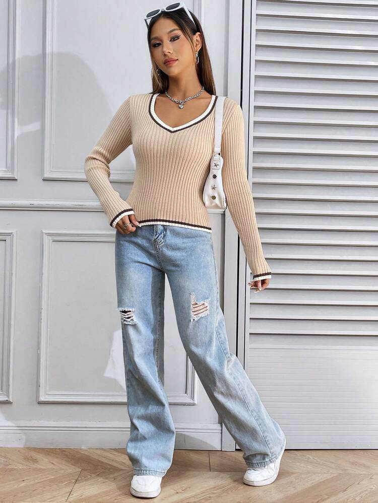 Women's Color Block Knit Ribbed Knit Pullover Fall Winter Sweater