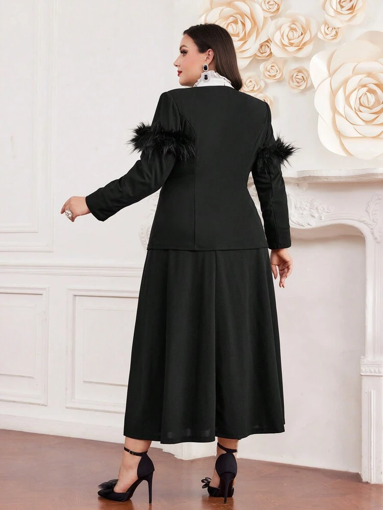 Plus Size Furry Patchwork Top And Solid Color Skirt Two Pieces Set 2 Pieces Set