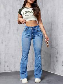 SHEIN EZwear 斜口袋漂白水洗牛仔喇叭褲 - 中等水洗藍 - 查看 1