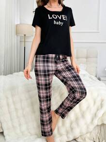 Text Print Casual Short Sleeve Tee And Pants Pajama Set - Black - View 3