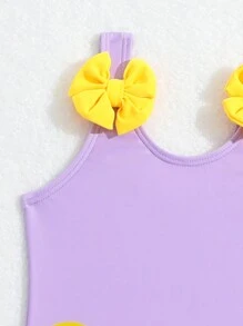 Costume Da Bagno Monopezzo Con Volant Stampato Con Cartone Animato Di Anatra Per Bambina Con Dettaglio Fiocco
