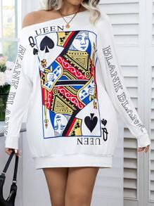 Calvaya Vestido Estilo Sudadera Con Hombros Inclinados De Moda De Talla Grande Con Estampado De Naipes - Blanco - Ver 6