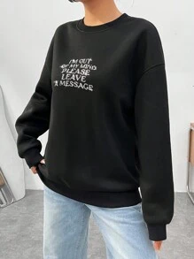 SHEIN EZwear Sudadera De Hombro Caído Con Estampado De Lema Para Mujer - Negro - Ver 6