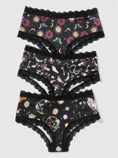 Fairycore 3pcs/Set Ladies' Panties With Sun, Moon, Stars, Mushrooms And Plants Print And Lace Trim