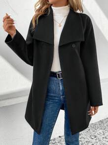 SHEIN Frenchy 纯色瀑布领大衣 - 黑色 - 查看 3