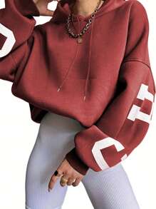 INAWLY In thư Thả vai Hoodie - Đỏ - Xem 2