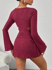 SHEIN PETITE 女款鏤空腰部百褶洋裝 - 酒紅色 - 查看 2