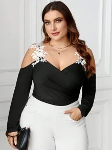 Celure Body Épaules Dénudées Taille Plus Brodé Fleuri À Patchwork Évidé