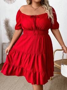 SHEIN CURVE+ Plus Size Sweetheart Neck Puff Sleeve Dress - Red - View 3