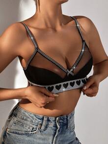 女式心形印花網眼拼接內衣 - 黑色 - 查看 5
