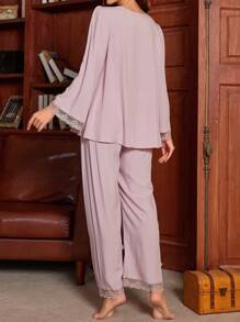 Moonlight&Mama Maternity Lace Patchwork Pajama Set, Fall Winter Clothes - Dusty Pink - View 2