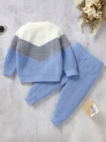 Baby Boys' Color Block Sweater And Plain Knitted Pants Set - Blue - View 2