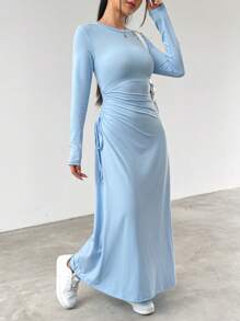 SHEIN EZwear Em bé Xanh Tay áo dài Đầm - Màu xanh lam - Xem 7