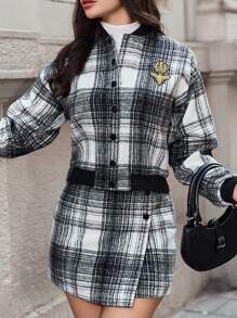 EURMUSE Women's Plaid Jacket And Mini Skirt Two Piece Set For Fall/winter - Black and White - View 4