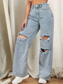Women'S Loose Straight Leg Distressed Jeans For Streetwear - Light Wash - View 5